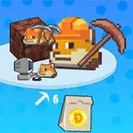 En pixlad hamster med hjälm och hacka, en gammal dator samt en säck med mynt på en blå prickig bakgrund