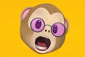Tecknad ap-emoji med rosa glasögon och uppspärrad mun, på en gul bakgrund