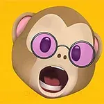 Tecknad ap-emoji med rosa glasögon och uppspärrad mun, på en gul bakgrund