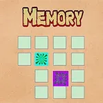 Brädspel med texten Memory och rutnät av kort, varav två är vända och visar olika symboler