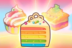 Färgglad illustration av en regnbågsskiva tårta och två cupcakes mot en ljus bakgrund