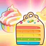 Färgglad illustration av en regnbågsskiva tårta och två cupcakes mot en ljus bakgrund
