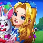 Tecknad flicka med blont hår och blå klänning håller en vit kanin i en korg, med bakgrund av färgglada ballonger och grönt landskap