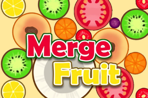 Färgglada fruktskivor som apelsin, kiwi och tomat med texten Merge Fruit i mitten