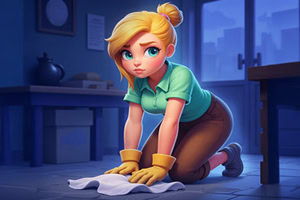 Merge Haven Ung kvinna med blont hÄr, iklÀdd gröna klÀder och gula handskar, knÀböjd pÄ golvet i ett rum och torkar det med en trasa