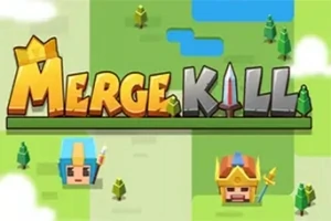 Färgglad 3D-tecknad bild med texten Merge Kill och två pixelerade ansikten med hjälmar omgivet av träd och gräs