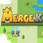 Färgglad 3D-tecknad bild med texten Merge Kill och två pixelerade ansikten med hjälmar omgivet av träd och gräs