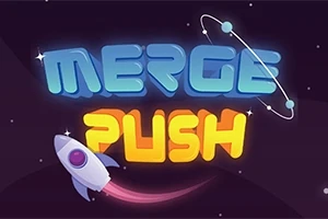Texten MERGE PUSH i blå och gul färg med en tecknad rymdraket och en planet med en omloppsbana i bakgrunden