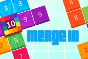 Färgglada numrerade block med en ruta i mitten markerad med siffran 10 mot en bakgrund av ett rutnät, och texten merge 10 i blått