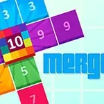 Färgglada numrerade block med en ruta i mitten markerad med siffran 10 mot en bakgrund av ett rutnät, och texten merge 10 i blått