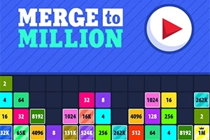Färgglada nummerblock staplade under en stor play-knapp och texten MERGE to MILLION på en blå bakgrund