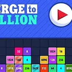 Färgglada nummerblock staplade under en stor play-knapp och texten MERGE to MILLION på en blå bakgrund