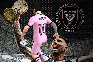 En fotbollsspelare i rosa dräkt med nummer 10 och texten MESSI på ryggen syns bredvid logotypen för Club Internacional de Fútbol Miami och en silhuett av en man i bakgrunden