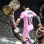 En fotbollsspelare i rosa dräkt med nummer 10 och texten MESSI på ryggen syns bredvid logotypen för Club Internacional de Fútbol Miami och en silhuett av en man i bakgrunden