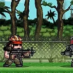 Pixelgrafik med tre beväpnade figurer klädda i militärutrustning, stående på gräs framför ett staket och en skog