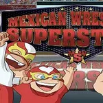 Tre tecknade karaktärer i brottningsmasker framför en skylt som säger Mexican Wrestling Superstars