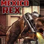 En Tyrannosaurus rex med vapen monterade på ryggen som sprutar eld i en urban miljö