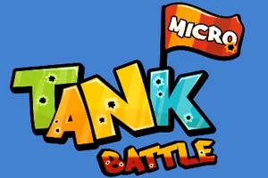 Färgglad text som säger Micro Tank Battle med ett rött flaggmotiv ovanpå blå bakgrund