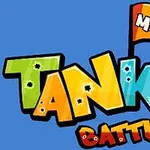 Färgglad text som säger Micro Tank Battle med ett rött flaggmotiv ovanpå blå bakgrund
