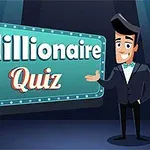 Tecknad man i kostym pekar mot en ljusskylt med texten Millionaire Quiz i en scenliknande miljö
