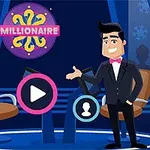 Tecknad man i kostym står bredvid en spelshow-scen med stolar och en stor spelknapp i mitten