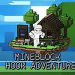 En pixelstilbild med en flytande ö, ett hus, träd och en karaktär klädd i vit rustning, samt texten Mineblock Hook Adventure