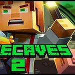 En blockig karaktär med grön text MINECAVES 2 i förgrunden håller en glödande fackla och guldföremål