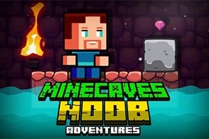 En pixelerad figur står på en plattform framför texten MINECAVES NOOB ADVENTURES, med en fackla och en rosa diamant i bakgrunden