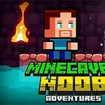 En pixelerad figur står på en plattform framför texten MINECAVES NOOB ADVENTURES, med en fackla och en rosa diamant i bakgrunden
