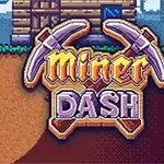 En pixelkonstbild av en grävande figur nära en stuga med texten Miner Dash med två korsade hackor