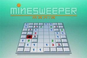Bräde med nummer och en röd mina på en gradientbakgrund och texten Minesweeper Mania ovanför