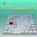 Bräde med nummer och en röd mina på en gradientbakgrund och texten Minesweeper Mania ovanför