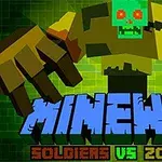 En stiliserad zombiefigur med grönt ansikte och stora block-formade händer med texten MINEWAR SOLDIERS VS ZOMBIES i förgrunden