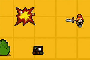 Pixelkonstbild med en explosion, karaktär med röd hatt och svärd, samt buske och låda på ett gult rutnät