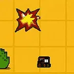 Pixelkonstbild med en explosion, karaktär med röd hatt och svärd, samt buske och låda på ett gult rutnät