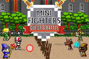Pixlig fantasystrid framför en borg med träd, där flera små krigare och magiker står mitt emot varandra runt en stor skylt med texten MINI FIGHTERS QUEST & BATTLE