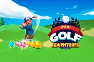 En animerad bild visar en glad man som spelar golf med färgglada ädelstenar och en skylt som säger Mini Golf Adventures mot en grön landskap bakgrund