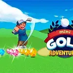 En animerad bild visar en glad man som spelar golf med färgglada ädelstenar och en skylt som säger Mini Golf Adventures mot en grön landskap bakgrund