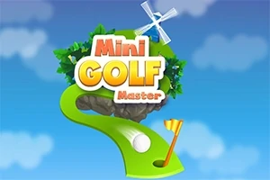 Titeltext som säger Mini Golf Master med en golfbana och en flagga i förgrunden mot en blå himmel med moln