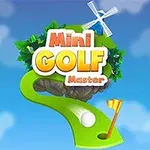 Titeltext som säger Mini Golf Master med en golfbana och en flagga i förgrunden mot en blå himmel med moln