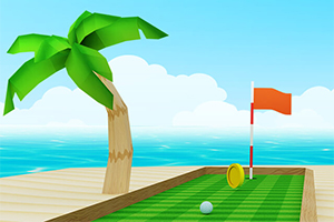Palmer på en brygga med en minigolfbana, en golfboll, en flagga och ett gult mynt, med ett blått hav i bakgrunden