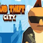 En tecknad figur med solglasögon och tuppkam håller en pistol framför en stadssilhuett med texten Mini Grand Theft City ovanför
