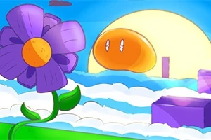 Tecknad bild med en lila blomma i förgrunden och en stor orangegul sol bakom moln
