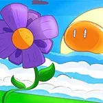 Tecknad bild med en lila blomma i förgrunden och en stor orangegul sol bakom moln