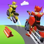 Två futuristiskt klädda figurer kör motorcyklar på en böjd väg, omgivna av färgglada barriärer och en lila himmel med stiliserade moln