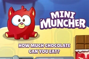 En tecknad röd figur med stora ögon sitter bredvid texten MINI MUNCHER och HOW MUCH CHOCOLATE CAN YOU EAT?