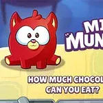 En tecknad röd figur med stora ögon sitter bredvid texten MINI MUNCHER och HOW MUCH CHOCOLATE CAN YOU EAT?