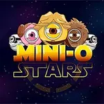 Tecknade figurer med ett öga och olika uttryck mot en stjärnbeströdd bakgrund med texten MINI-O STARS i mitten