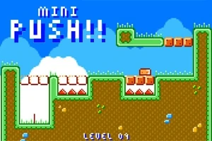 Retroinspirerad pixelgrafik av ett färgglatt plattformsspel med gröna, bruna och blå element samt texten MINI PUSH!