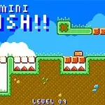 Retroinspirerad pixelgrafik av ett färgglatt plattformsspel med gröna, bruna och blå element samt texten MINI PUSH!